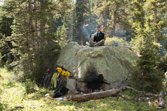 After a long night of hiking our bikes down from the peak in the dark, Kody and I slept in until 10 AM and then enjoyed a nice fire, coffee and breakfast.